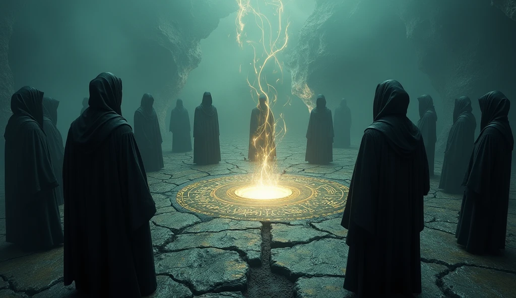 Cinematic scene of a dark magic ritual: hooded figures chanting around a glowing, dark portal. The ground cracked and emitting dark energy. Realistic, mystical, and ominous, highlighting the rise of dark powers. Include intricate symbols and runes glowing on the ground, adding to the mystic atmosphere. High level of detail and realism to match cinematic quality. The moment the world ends