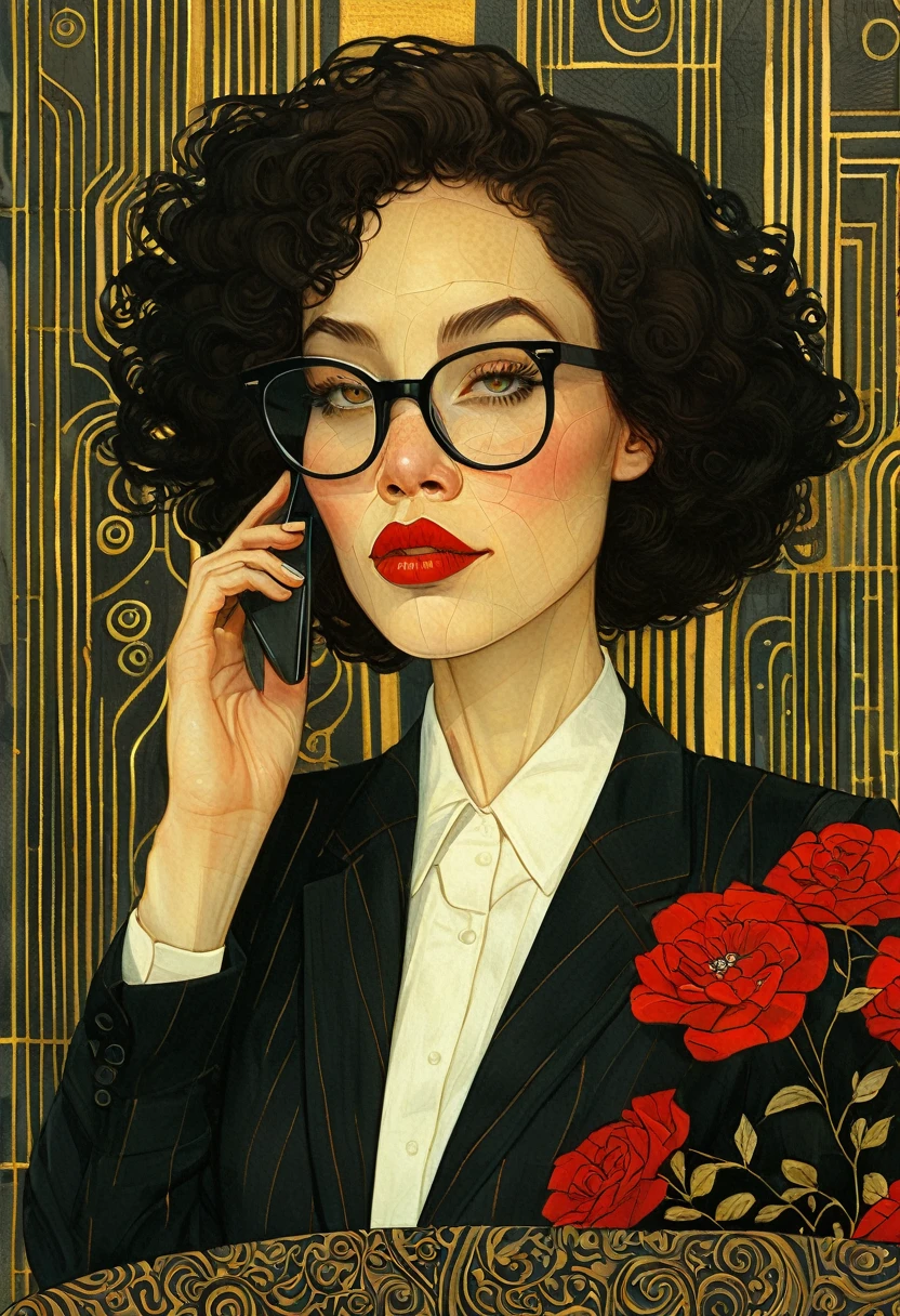 masterpiece,最high quality,Organic Style、Female Wall Street Dealer、Talking on your phone、Black-rimmed glasses、Red lipstick、Wearing a suit from a set、Fractal Art、Diane Dillon Style,最高masterpiece、high quality、Golden ratio composition、