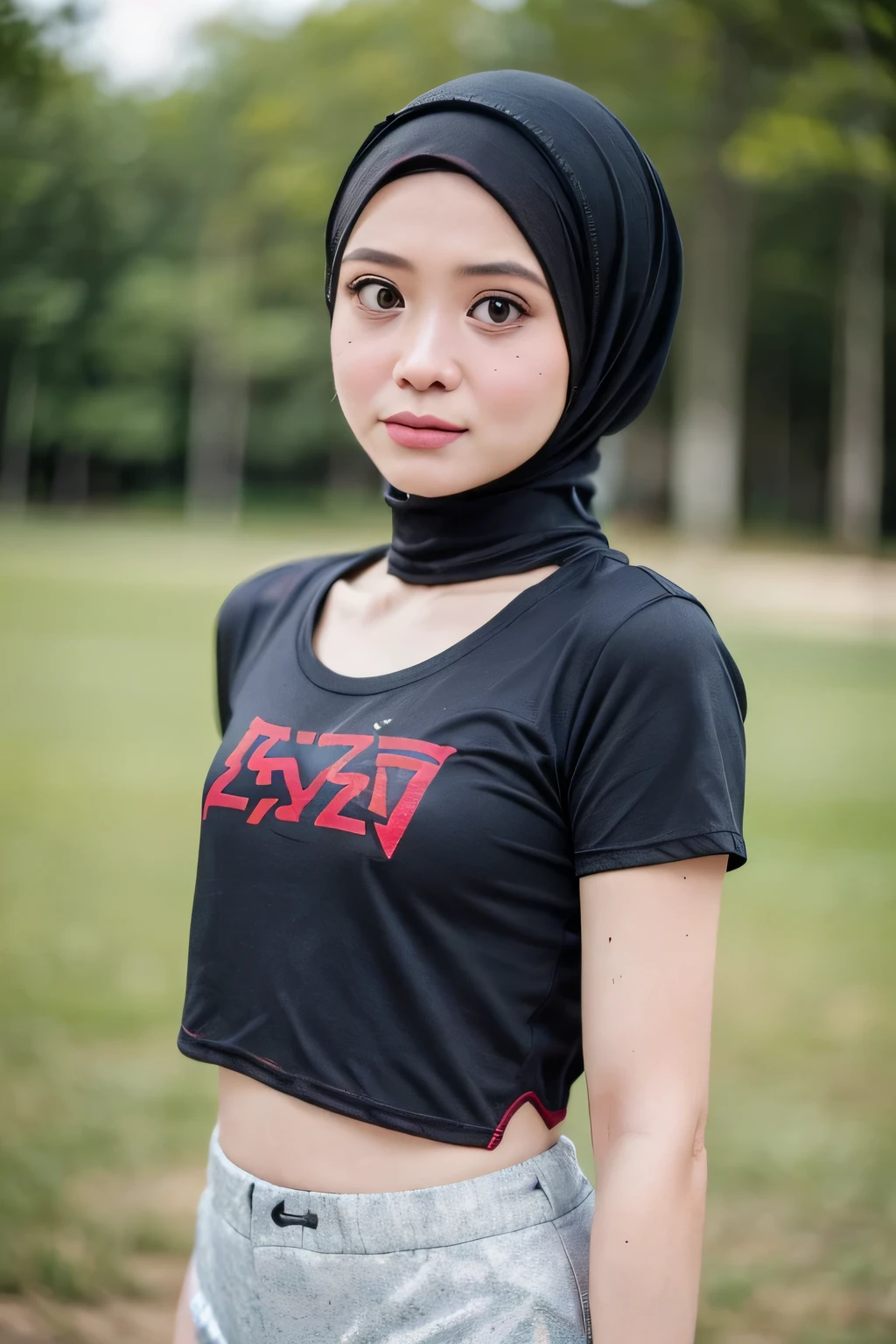 ((CROPPED SLAYER TSHIRT:1.49)), HIJAB GIRL STYLISH & ((WEARING HOTPANTS)), masutepiece, High quality, UHD 32K, Realistic face, Realistic skin feeling , A Japanese Lady, 5 matured lady, , Very cute and baby-like face, (((FLAT CHEST))), (Night time at forest), ((look In front  at the camera and SADNESS)), (((CUTE GIRL))), 