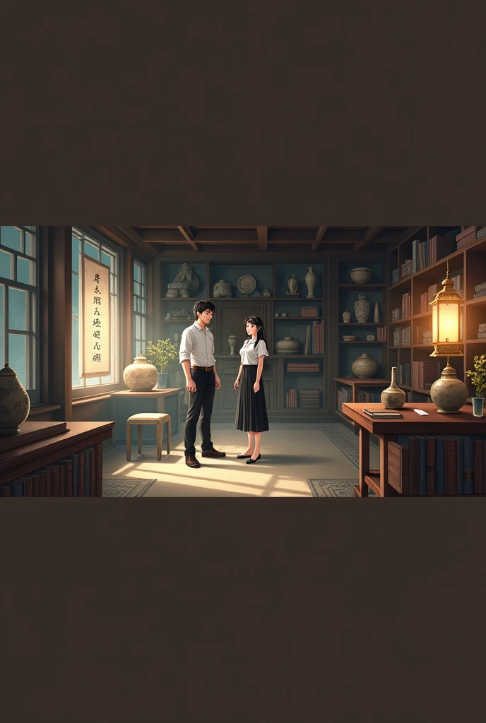  A mysterious and dimly lit room filled with ancient Chinese artifacts and old Chinese books. The only light comes from a faint lantern. In the room, a handsome 2 male student is dressed in a white long-sleeve shirt with rolled-up sleeves tucked into black trousers. He is smiling slightly and looking at a 20-year-old female student. She has long black hair with bangs, wearing a white short-sleeve shirt and a long black pleated skirt. She is standing, gazing at the various items in the room with interest and excitement.