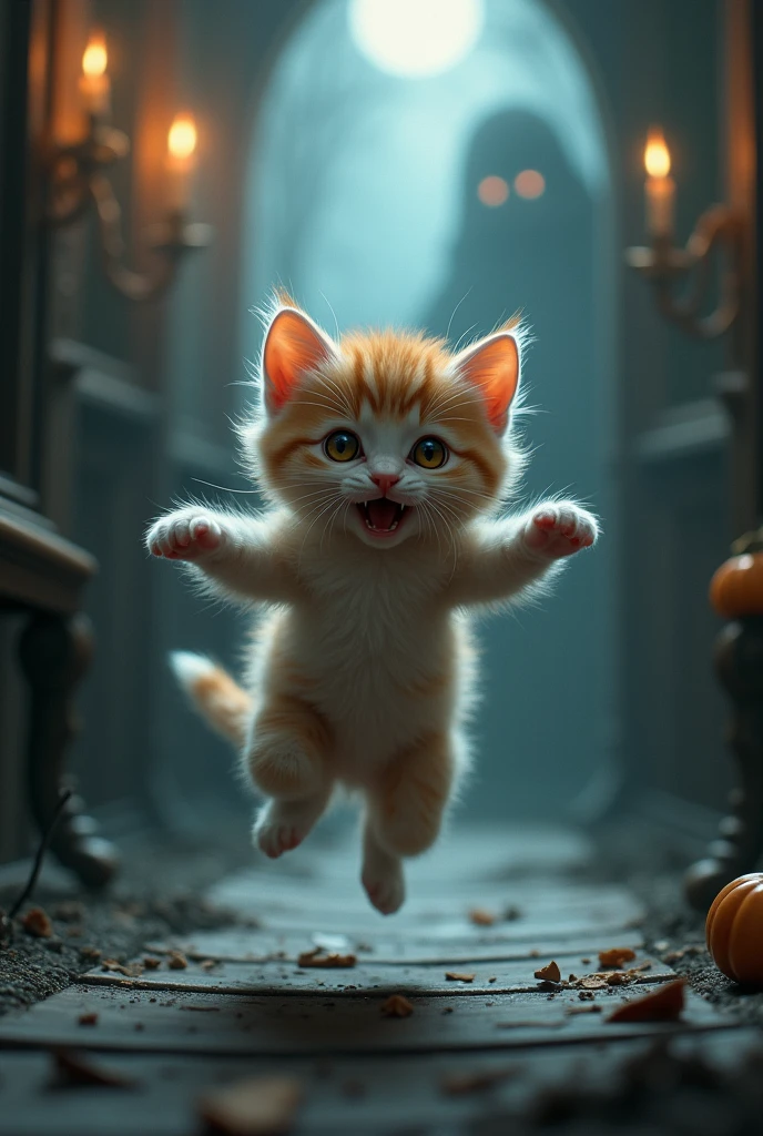 Cute kitten jumps into the air inside a haunted house