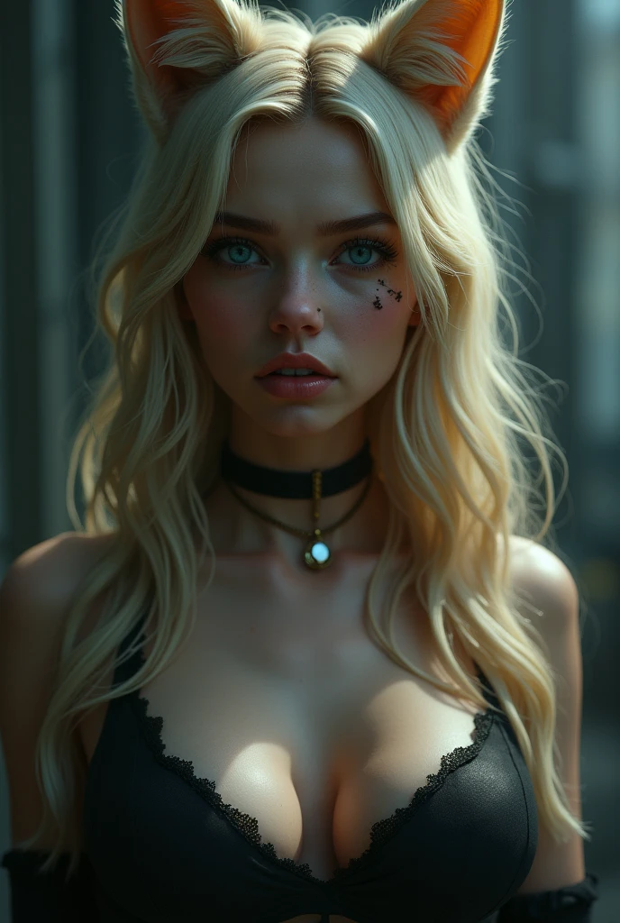 1girl, Long Hair, Open Mouth, Blue eyes, Best Quality, Blonde Hair, Large breasts, Fox Ears, Cat Ears, Serious, Drunk, Moaning, X-Shaped Pupils, From Side, Scar On Cheek, 8K Octane,