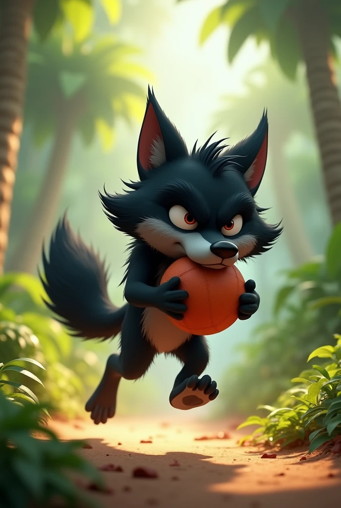 pixar style, sideview of a 3D cute but revengeful mischief black furry wolf with grey snout and belly, with realistic black fur, 3D illustration, with a large ball in its mouth running, by Igor Kufayev, “portrait of a cartoon animal, cartoon creature, cartoon character, by Nikola Avramov, by Vladimir Novak, animation character, by Fyodor Rokotov, by Simon Ushakov, by Aleksander Kotsis, 3 d cartoon, disney stylized furry. The wolf's cheeks are puffed, lips rounded and eyes closed. The wolf's legs are bent, and its arms stretch backward, emphasizing the comical exertion. The expression on the wolf's face is exaggerated, with closed eyes, furrowed brows, and a humorous intensity. (1male wolf:1.2), (sinister and mischief expression:1.5), dark behaviour, lean build, (disproportionate body long nose and mouth), (realistic fur texture), (jungle background:1.4), sunlight filtering through the trees, (soft lighting:1.3), (green and earthy color scheme:1.3), (highly detailed), (ultra quality:1.3), (masterpiece), (digital art), 8K resolution, HDR, depth of field, (soft shadows), (photorealistic:1.3), (animation:1.2), (by Greg Rutkowski:0.9), (in the style of Alphonse Mucha), trending on ArtStation, award-winning art