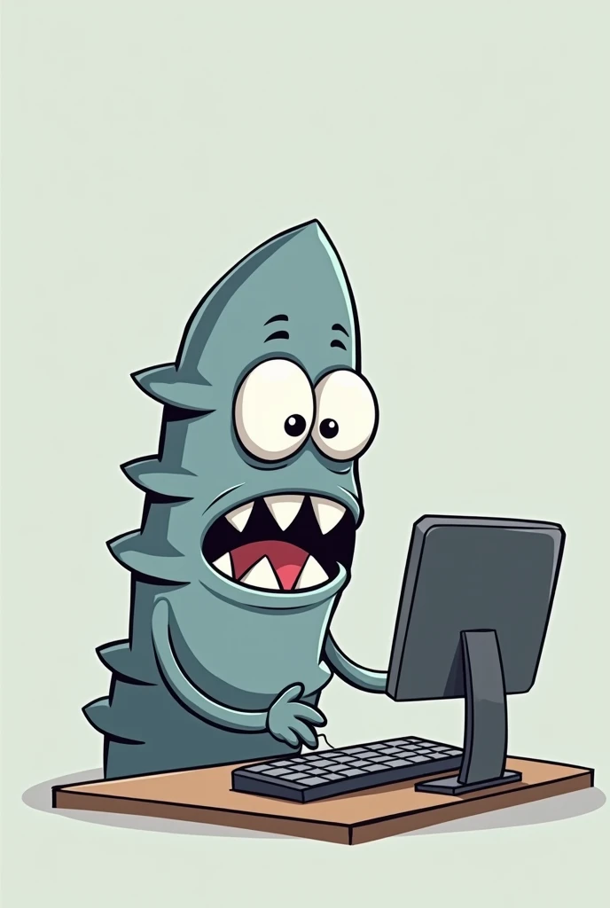 a cartoon style screw plug in gray color, with eyes, gura, arms, using the computer in the excel program