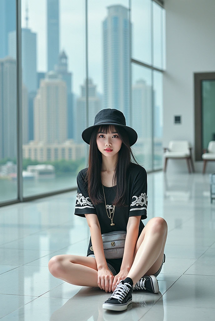 (full body shot:1) sittimg down,photorealistic image of a woman, ultrarealistic, photography, straight long black hair, asian woman, beautiful cute sexy asian 20 years old woman, hourglass figure, perfect body, Flirty look, natural big breasts, long eyelashes, cat eye make-up, double eyelids, sexy pose, erotic pose, seductive pose, big breasts,  big  , she wears a black and white top, shorts, hat, fannypack , sneakers,  skyscrapers 