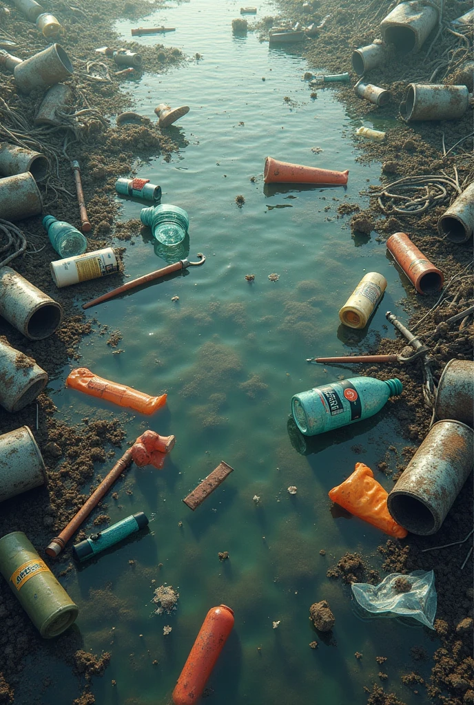 realistic water pollution with plastic waste,metalwork. mar
