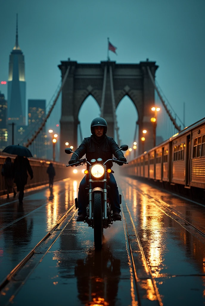 Riding Royal Enfield Bullet in Brooklyn bridge in rainy weather at night with civilian walking and train running in parallel . Horizontal image
