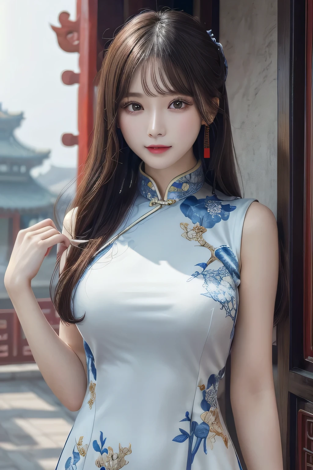 One Girl, 1 person,Highest quality,High resolution,超High resolution,8k,Realistic,Upper Body,encounter_audience,Large Breasts, the body is slim,(Chinese dress:1.2),
