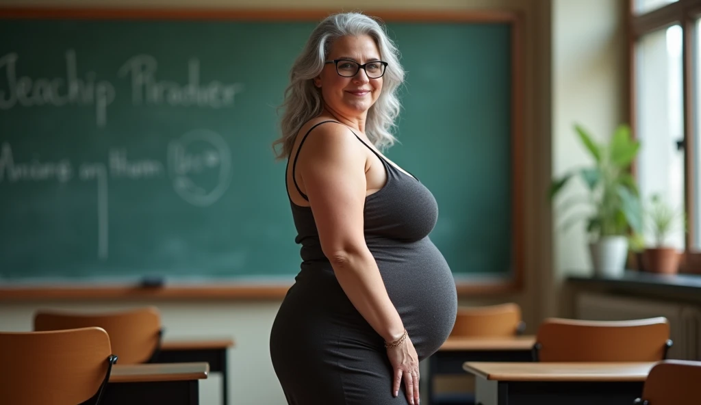 60 year old milf, mature and voluptuous woman. gray hair, glasses, wearing a short dress that is tight on the body and low-cut, highlighting her butt, large breasts, cleavage. thighs on display, she is in a classroom, older teacher, full body image, beautiful body photo highlighting her butt, hourglass body, thin waist, wide hips, fake chubby, the woman is with her back slightly turned to the side looking at the camera, attractive woman in her 60s, short skirt, curvy, hot, voluptuous body, cleavage, large breasts, approximately 60 years old, woman who appears to be 60 years old, image from behind, looking at the camera, posing, stunning, natural mature woman, detailing her curves without a belly