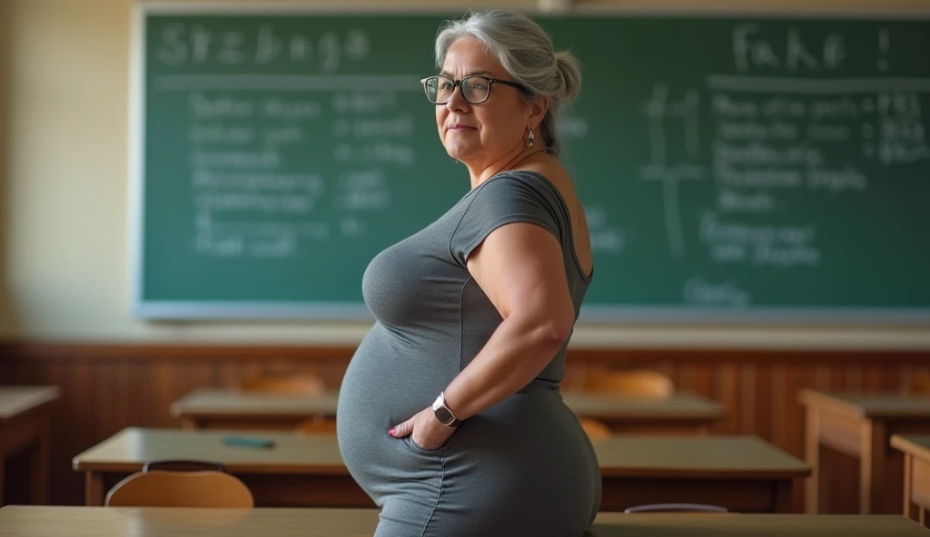 60 year old milf, mature and voluptuous woman. gray hair, glasses, wearing a short dress that is tight on the body and low-cut, highlighting her butt, large breasts, cleavage. thighs on display, she is in a classroom, older teacher, full body image, beautiful body photo highlighting her butt, hourglass body, thin waist, wide hips, fake chubby, the woman is with her back slightly turned to the side looking at the camera, attractive woman in her 60s, short skirt, curvy, hot, voluptuous body, cleavage, large breasts, approximately 60 years old, woman who appears to be 60 years old, image from behind, looking at the camera, posing, stunning, natural mature woman, detailing her curves without a belly