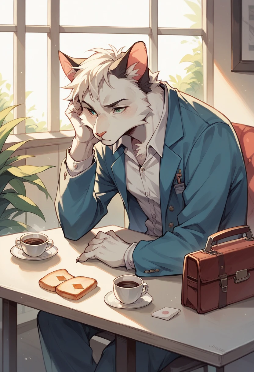 The cat rushes to get dressed, juggling coffee, toast, and a briefcase, with a frantic look.