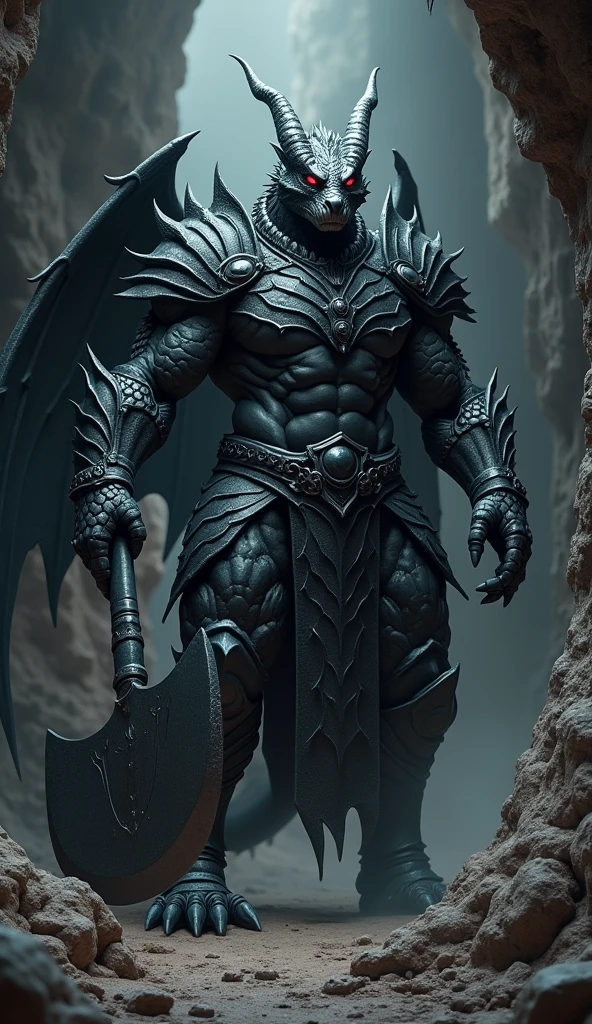 homme dragon noir, tête de dragon noir,corpulence impressionnante ,une armure d'écaille de dragon noirs,les yeux sont rouges,il a une hache énorme noir,armure imposante,armure très solide,armure chevalier,armure démoniaque,très agressif,menaçant,puissant,musclé,peau à écaille noir,réaliste,photo,grotte sombre,museau court,sans corne sur la tête