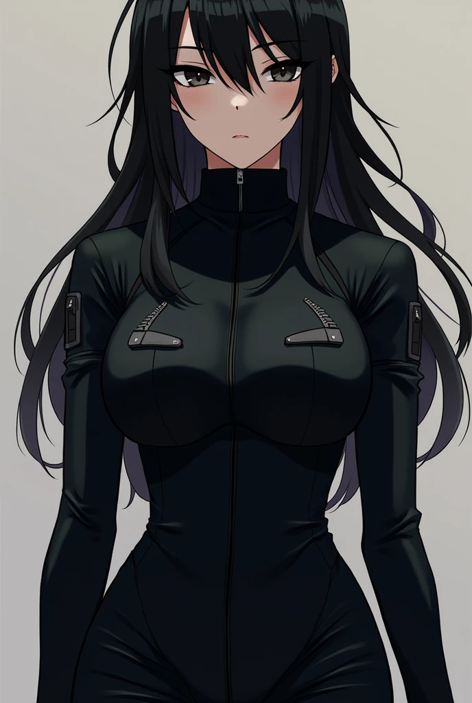 Sid Kagenou from 'The Eminence in Shadow' reimagined as a female character. She has long, dark hair, a mysterious and intense expression, and is dressed in a sleek, dark outfit similar to Sid's original attire but tailored for a female. The outfit is a combination of tactical and elegant elements, with dark, form-fitting fabrics and subtle, intricate details that reflect her sophisticated and enigmatic nature.