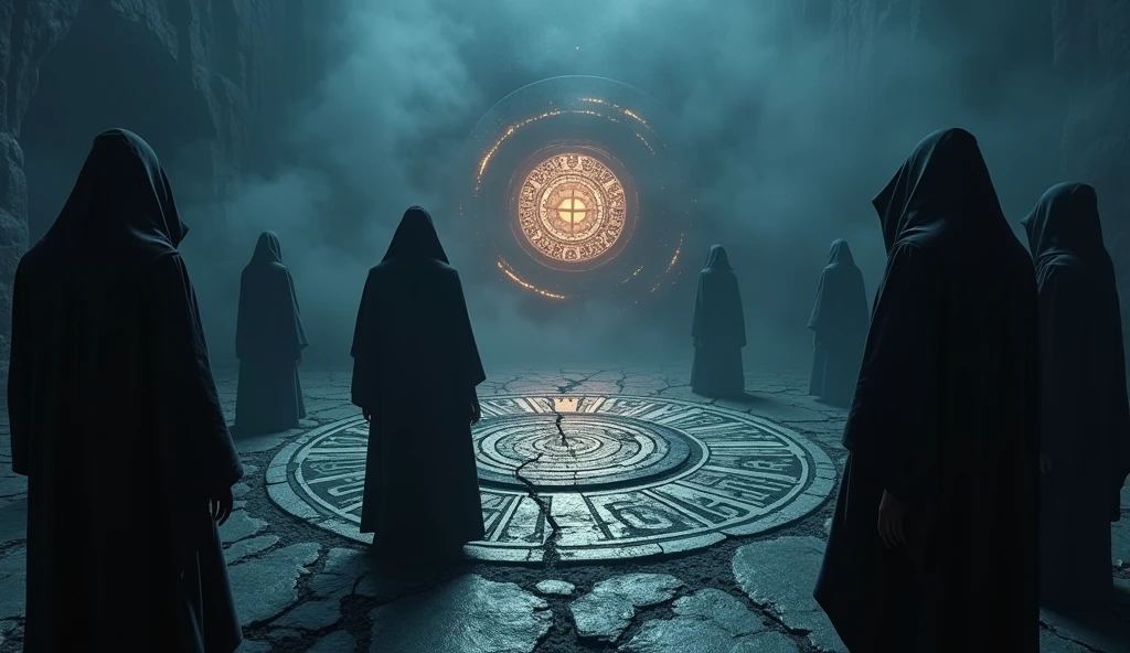 Cinematic scene of a dark magic ritual: hooded figures chanting around a glowing, dark portal. The ground cracked and emitting dark energy. Realistic, mystical, and ominous, highlighting the rise of dark powers. Include intricate symbols and runes glowing on the ground, adding to the mystic atmosphere. High level of detail and realism to match cinematic quality. The moment the world ends, The moment the Demon King is summoned
