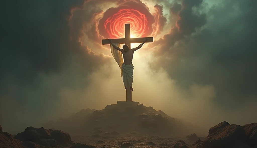 a Jesus in middle apocalyptic sand, dust and smoke, The image depicts a powerful scene with a solitary wooden cross, standing majestically atop a platform surrounded by swirling mists. A white cloth is draped over one arm of the cross, catching the light from within the structure, which shines outward, piercing the surrounding darkness. The atmosphere is ethereal and mystical, set against a red rose of a dark, stormy sky, suggesting a moment of divine significance or spiritual revelation. The overall mood is solemn and awe-inspiring, evoking a sense of reverence and mystery.