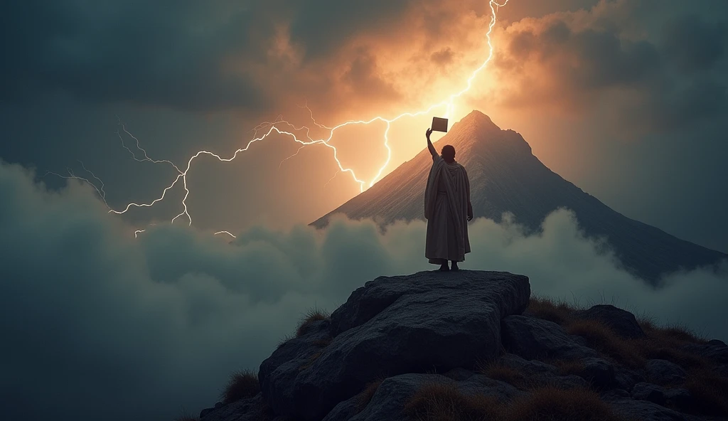 Wide shot of Mount Sinai covered in cloud and smoke, with lightning illuminating the sky. Moses stands on the mountain, raising the tablets above his head. Lighting comes from the lightning bolts, low angle frame to enhance the drama, 35mm with a technicolor filter, in the style of Rembrandt.

