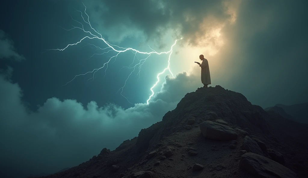 Wide shot of Mount Sinai covered in cloud and smoke, with lightning illuminating the sky. Moses stands on the mountain, raising the tablets above his head. Lighting comes from the lightning bolts, low angle frame to enhance the drama, 35mm with a technicolor filter, in the style of Rembrandt.