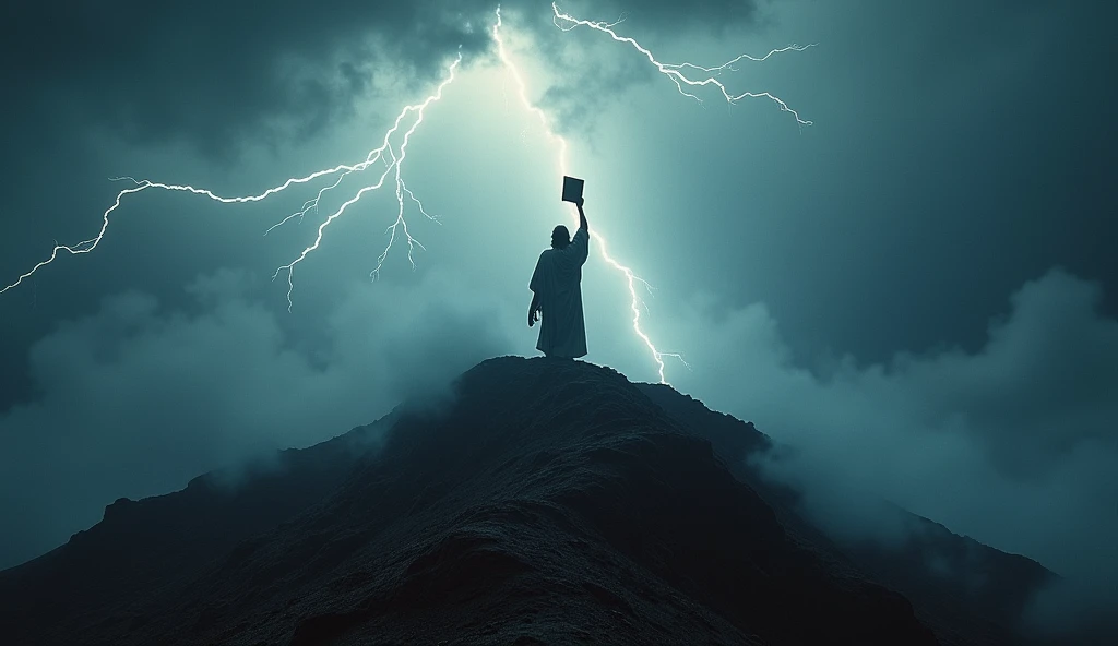 Wide shot of Mount Sinai covered in cloud and smoke, with lightning illuminating the sky. Moses stands on the mountain, raising the tablets above his head. Lighting comes from the lightning bolts, low angle frame to enhance the drama, 35mm with a technicolor filter, in the style of Rembrandt.