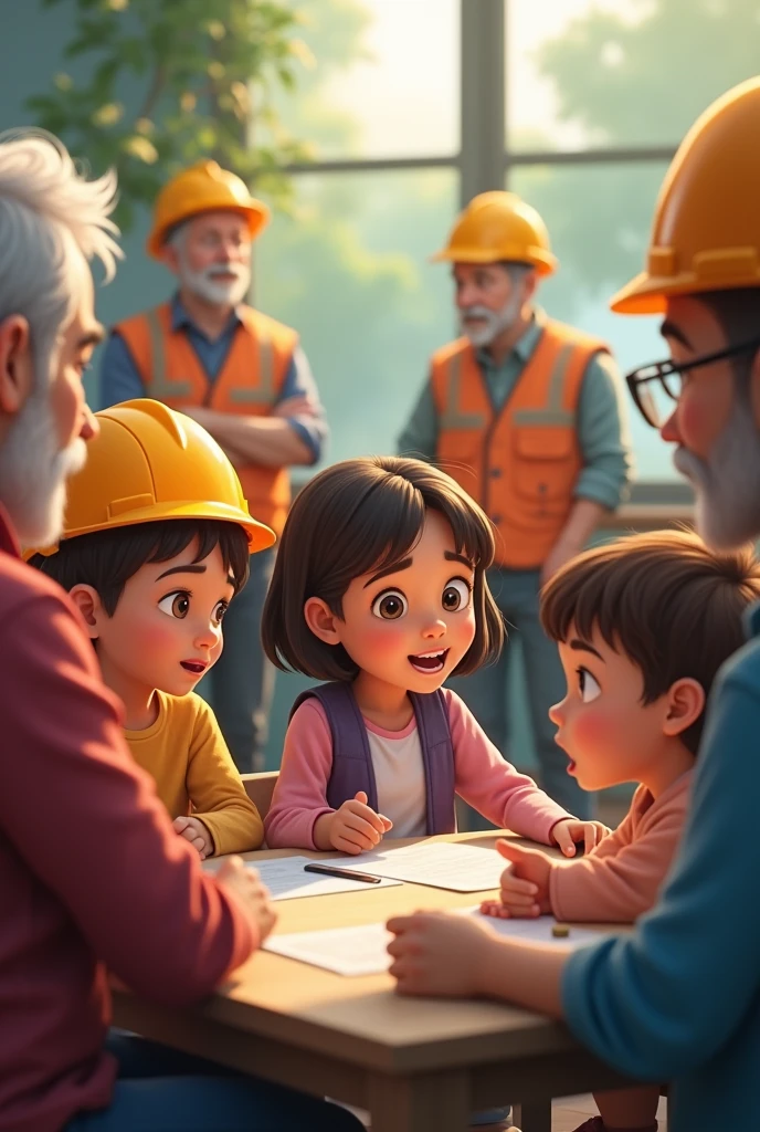 A seven-year-old girl, short hair without bangs and with chocolate hair color, and a grandfather with a short beard and short white hair doesn't pay attention, A group of children without glasses and not wearing a helmet, all seven, eight and nine years old, All with their parents and they don't wear helmets.
everyone talking at a meeting with two adult engineers wearing construction workers' helmets and clothes.
without helmet I said