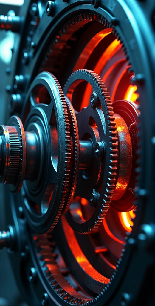 So many beautiful gears and beautiful pinions., close-ups of gears, dynamic camera work, Inside a machine, Beautiful metallic light reflections., Colorful LED growing from the inside, Focus on the pinions and gear system, Black machine oil reflecting lights
