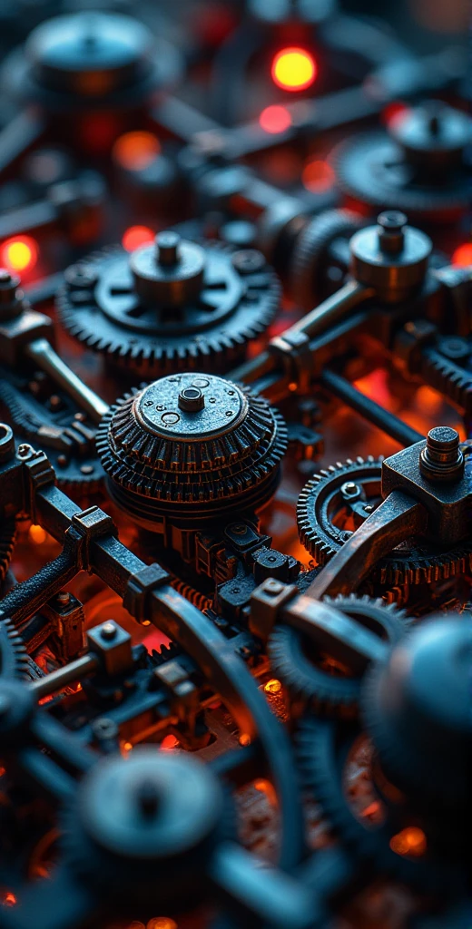 So many beautiful gears and beautiful pinions., close-ups of gears, dynamic camera work, Inside a machine, Beautiful metallic light reflections., Colorful LED growing from the inside, Focus on the pinions and gear system, Black machine oil reflecting lights