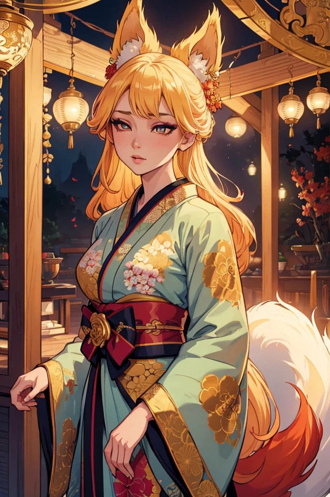 A beautiful kitsune woman, intricate detailed face, piercing eyes, lush flowing hair, delicate feminine features, elegant kimono, ornate floral patterns, golden accents, ethereal lighting, cinematic composition, vibrant colors, photorealistic, 8K, hyper detailed, masterpiece