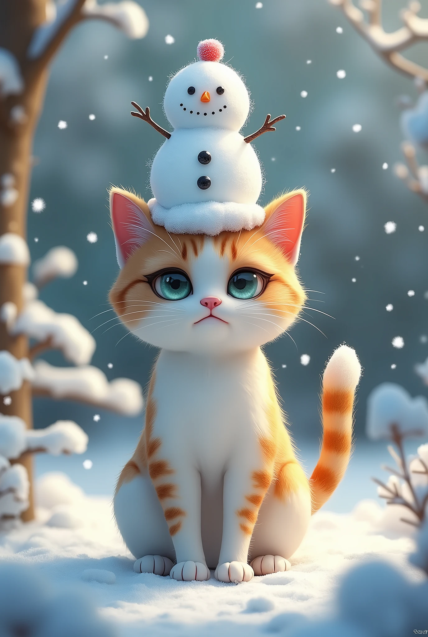 snowy garden、Cat with a snowman on its head、Dissatisfied face、cute、Digital Art、photo、