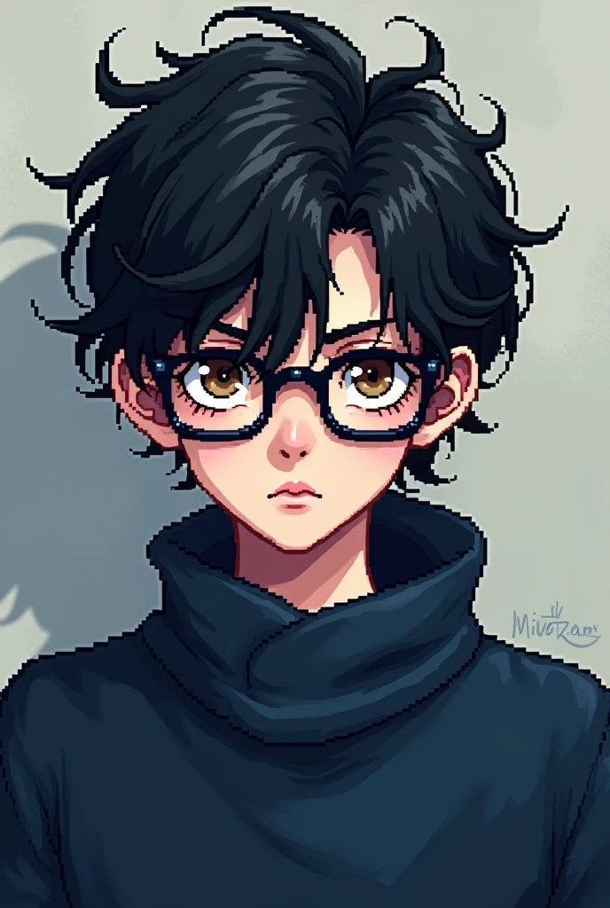 Strong pixel art emo man with very curly black hair, with glasses, navy blue sweater, eyes browns, with a serious face