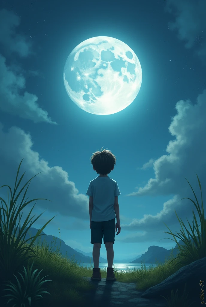 Alone boy see moon