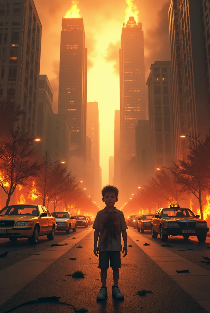 "A chaotic cityscape engulfed in flames, with a wide road in the center, lined with charred trees and shattered streetlights. Towering skyscrapers on both sides are ablaze, with massive infernos raging out of control, their steel beams twisted and melted. The road is littered with abandoned cars, some still burning, including a yellow taxi with its doors hanging open, a white sedan with its windshield shattered, and a black SUV with its tires melted. A young boy, covered in soot and ash,