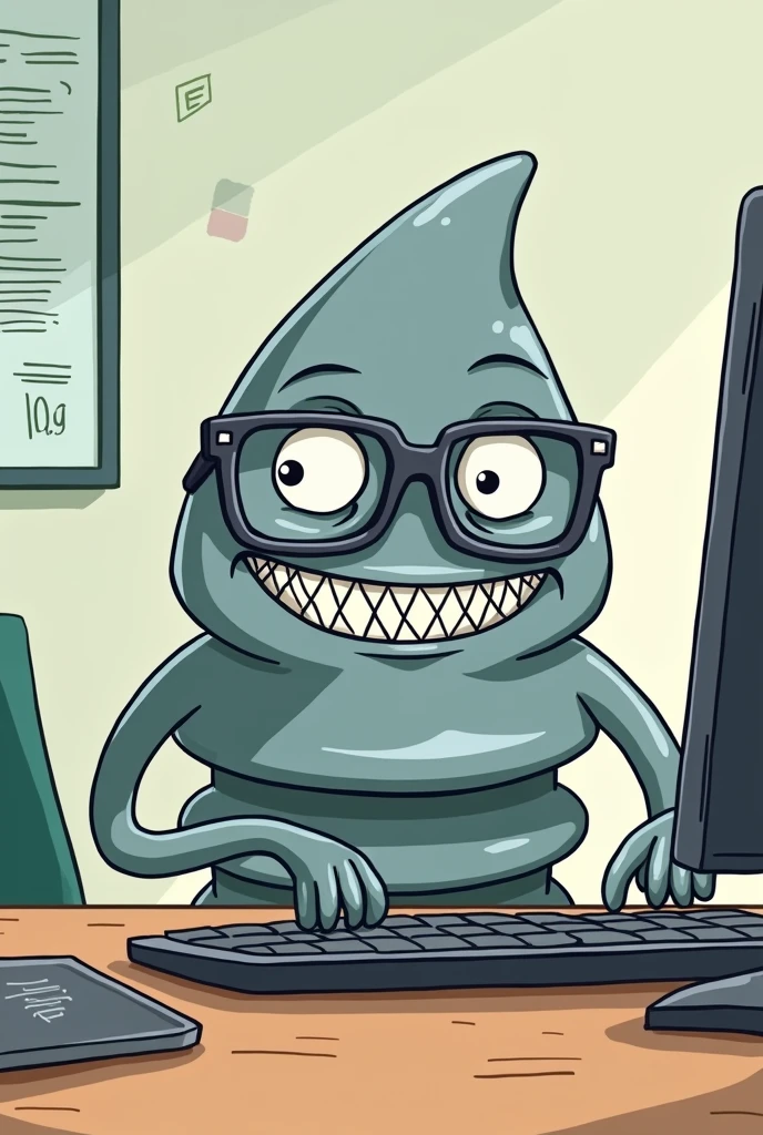 a cartoon style screw plug in gray color, with eyes, gura, arms, and square glasses, using the computer in the excel program