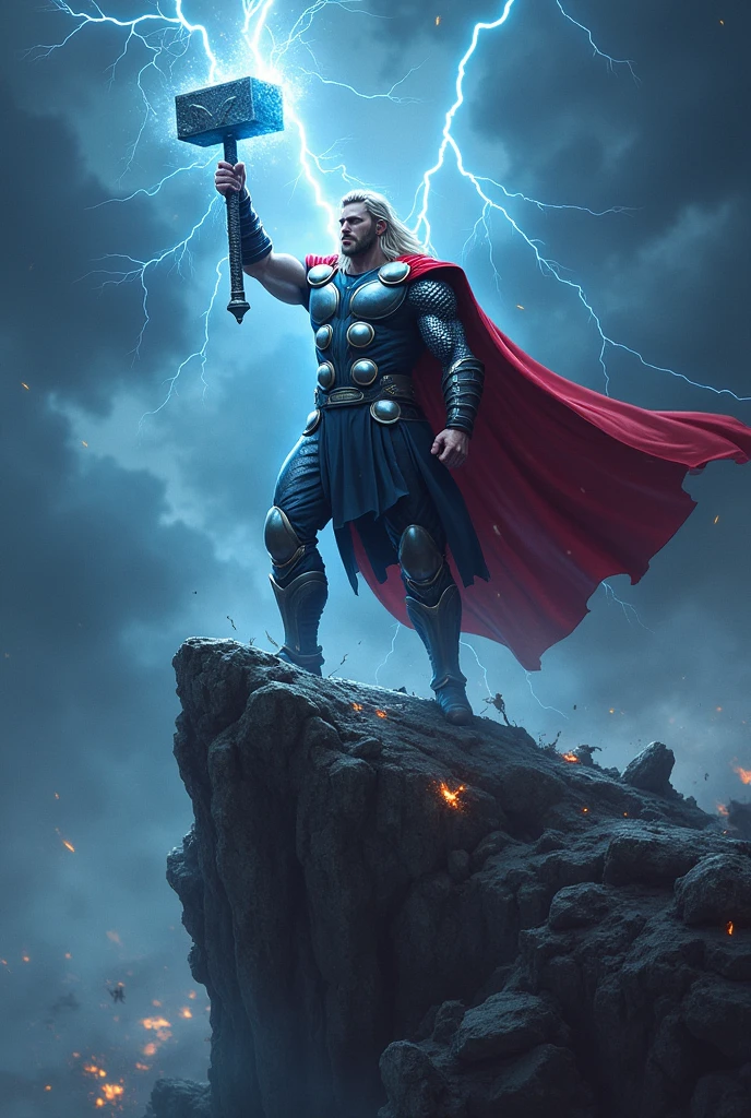 Thor stands powerfully on a rocky cliff, his muscular form illuminated by the crackling energy of a thunderstorm raging around him. His iconic red cape billows behind him in the fierce wind, and his armor gleams under the flashes of lightning that split the darkened sky. Thor’s face is set in a determined expression, his eyes glowing with the intense blue energy of the lightning he commands.
In his right hand, he wields Mjölnir, the legendary hammer, which hums with power and is surrounded by arcs of electricity. Thor raises Mjölnir high above his head, summoning a bolt of lightning from the heavens that strikes the hammer, amplifying its power. His left hand is clenched in a fist, ready for battle, as the raw energy surges through his body.
The background features a chaotic storm, with dark clouds swirling and the distant sound of thunder echoing through the air. Below the cliff, the shattered remnants of enemies lay scattered, evidence of Thor’s might in battle. The scene captures the Norse god of thunder at the height of his power, exuding an aura of invincibility and divine wrath, ready to unleash his full fury upon those who dare to challenge him.