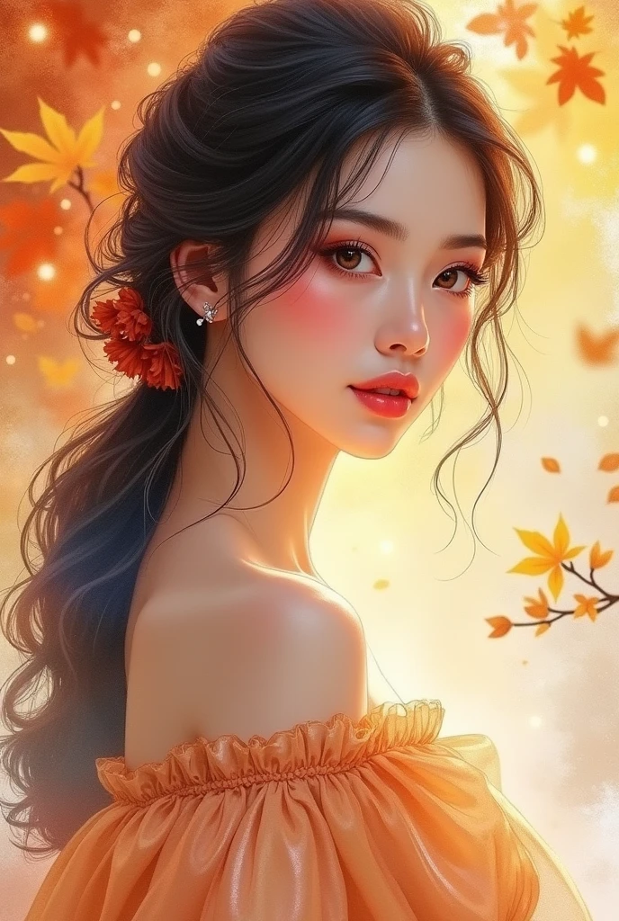 (8k, best quality, masterpiece:1.2),(best quality:1.0), (super fast:1.0), Watercolor, beautiful woman, shoulder, hair ribbon, Agnes Cecile, half body portrait, Very shiny bright design, pastel colors, (ink:1.3), autumn lights,