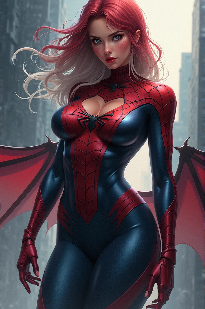 Superheroine with a sexy but not vulgar costume that reminds us of a spider, a bat, a storm, with light but strong colors, waist-length hair, straight, slightly wavy, half white, shit, natural red, medium breasts, big-ass, Waist slender, thick-thighs, 1,68 cm, hq-style/oc, white, angelical, one eye red and the other blue-green, submissive face, but also with a striking and intimidating look, fleshy lips, eyelash "big teats", very rosy cheeks with some freckles