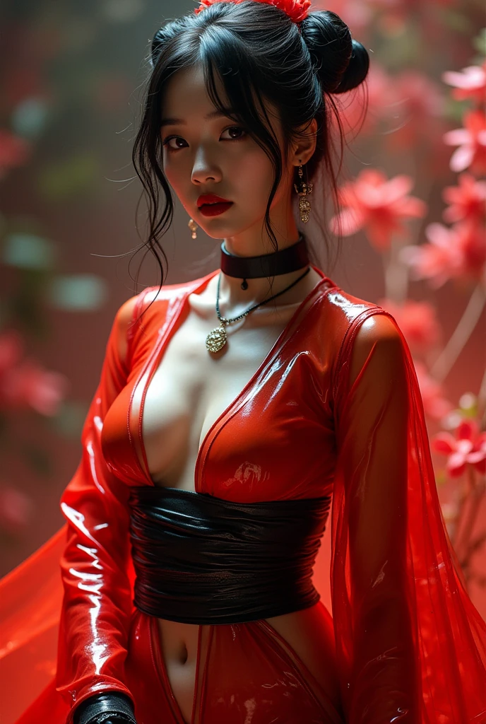 (masutepiece:1.0), (Best Quality:1.4), (A high resolution:1.2), (Photorealistic:1.4),(from below:1.5), (8K, Raw photo:1.2), (Soft Focus:1.4), girl wearing red japanese miko kimono, full body lesbian, body full latex, wear gothic ****ta, Slime skin, smooth tight, (translucent latex miko kimono:1.5), (the shiny leather black gloves:1.4), translucent skin, Latex, Translucent body, latex shiny, The perfect gloves for skin, shiny reflective, gal make up, goddess of Japan, Glossy skin, gorgeous japanese model, goddess of Japan, latex is shiny, Slimy, (translucent latex hakama:1.5), close up, detailed background, body full tie with plastic wrap, on latex vacuum bed.