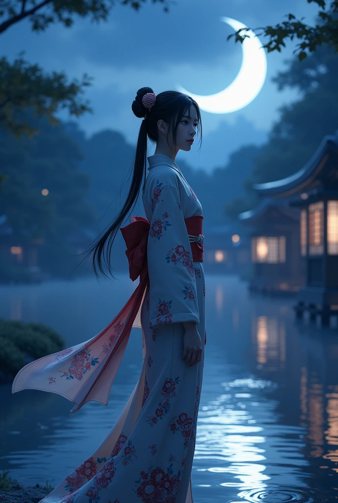 Beautiful girl Japanese Night view Mikazuki Yamato Nadeshiko