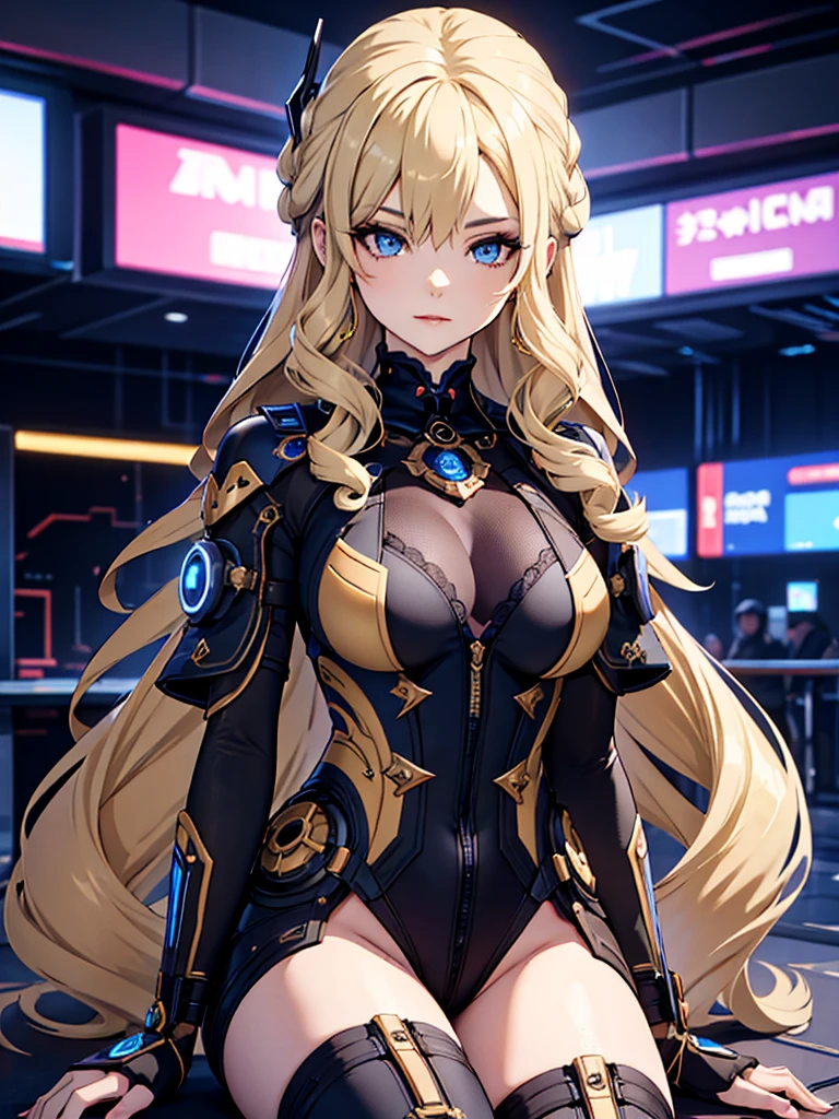 Navia from Genshin impact, 1woman, wearing a futuristic cyberpunk outfit, at future city, blonde colour hair style, 8k, high detailed, high quality