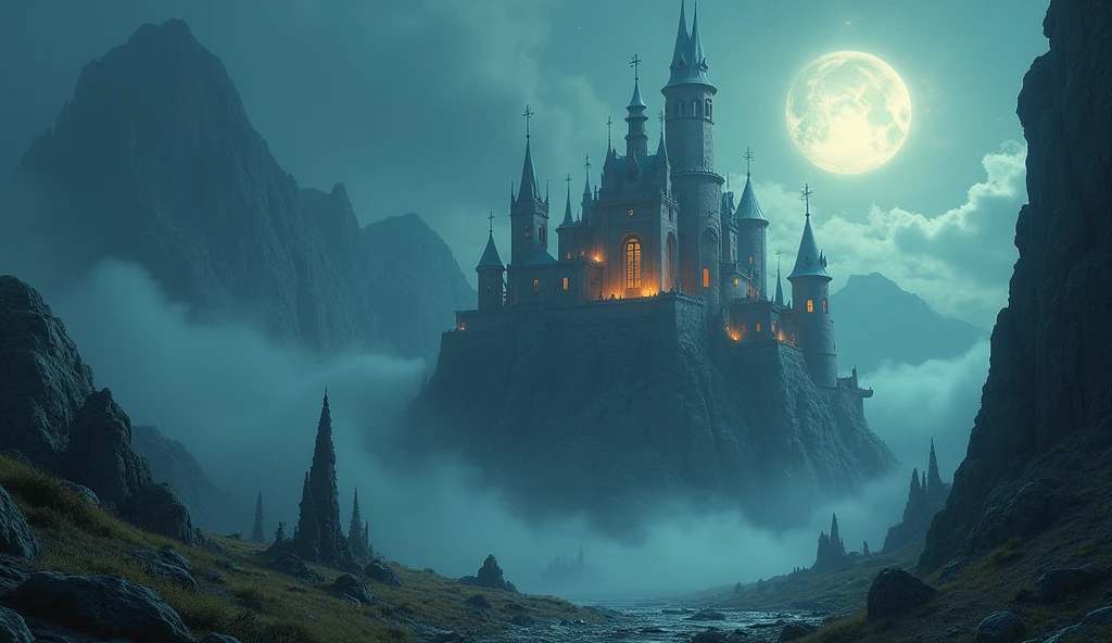 Mysterious Castle、Misty landscape、Majestic Tower、Intricate stone carvings、Ethereal glow、Bright colors、Enchanting atmosphere、Breeze、Hidden Secrets、Twinkling moonlight、Whimsical Creatures。(highest quality、High resolution、Super detailed)、ancient architecture、Western architecture, Magical atmosphere、Dreamy atmosphere、Fantasy setting、Surreal elements、fairy tale atmosphere、Surrealistic lighting、Painterly style。The World of Everlasting Darkness