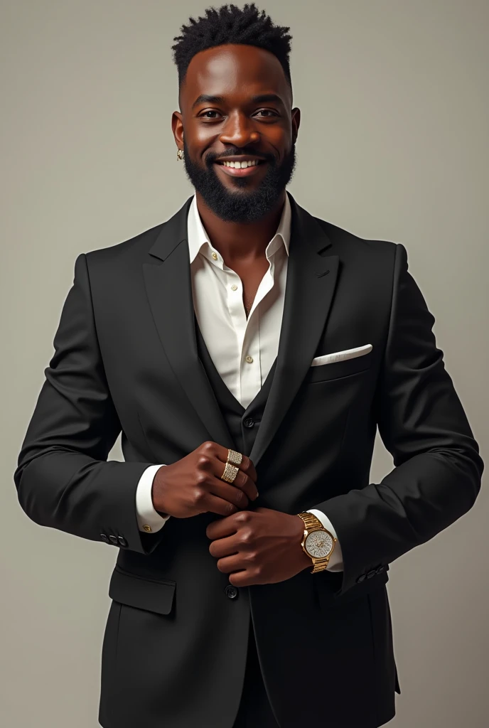 black man, holding jewelry , happy and well dressed