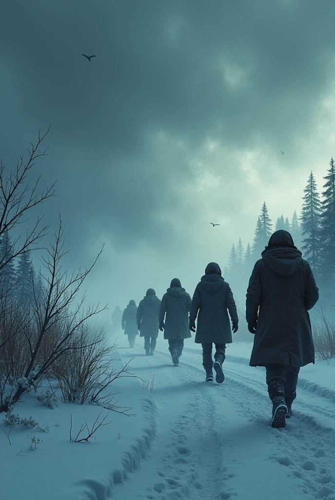 Small silhouettes of scientists in winter gear struggle forward, while the gloomy sky reflects the isolation and mystery of the place.
 , Retro comic style artwork,perfect composition,hyperrealistic,super detailed,high quality,sharp focus,studio photo,intricate details,highly detailed