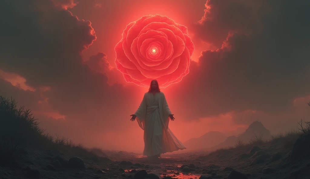 a Jesus in middle apocalyptic sand, dust and smoke. The atmosphere is ethereal and mystical, set against a red rose of a dark, stormy sky, suggesting a moment of divine significance or spiritual revelation. The overall mood is solemn and awe-inspiring, evoking a sense of reverence and mystery.