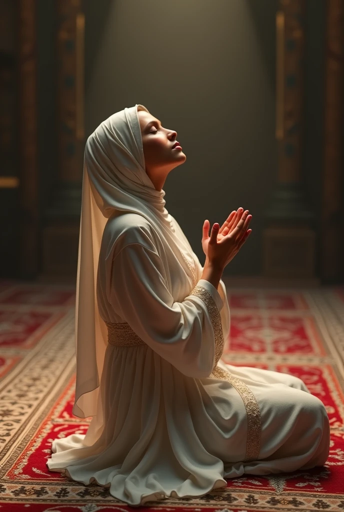 Muslim lady, wearing Muslim dress, covered her hear with hijab, sitting in peay carpet, raised her hand and looking up,
