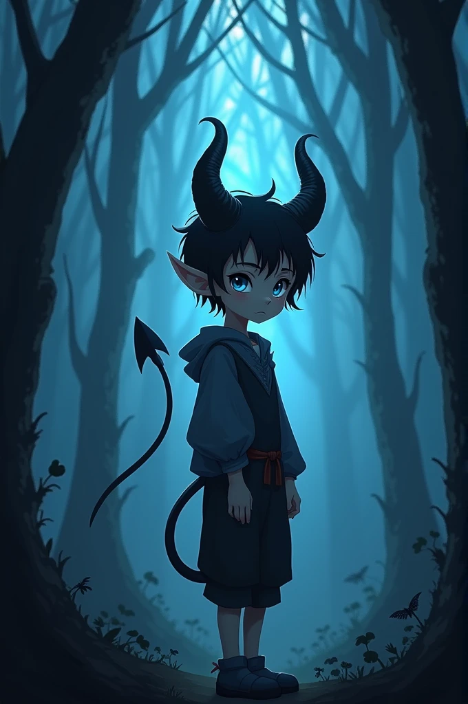 A boy of about , he had a rather cute face, long elf-like ears, black hair, and black eyes the color of crows. He had two devil horns growing out of his head, which were beautifully curved, as well as a devil tail that reached to the ground. He wore medieval villager clothing, and was in the middle of a dark, blue forest. He was standing with his back turned and facing left, with a light shining through his eyes, only the upper half of his body visible.