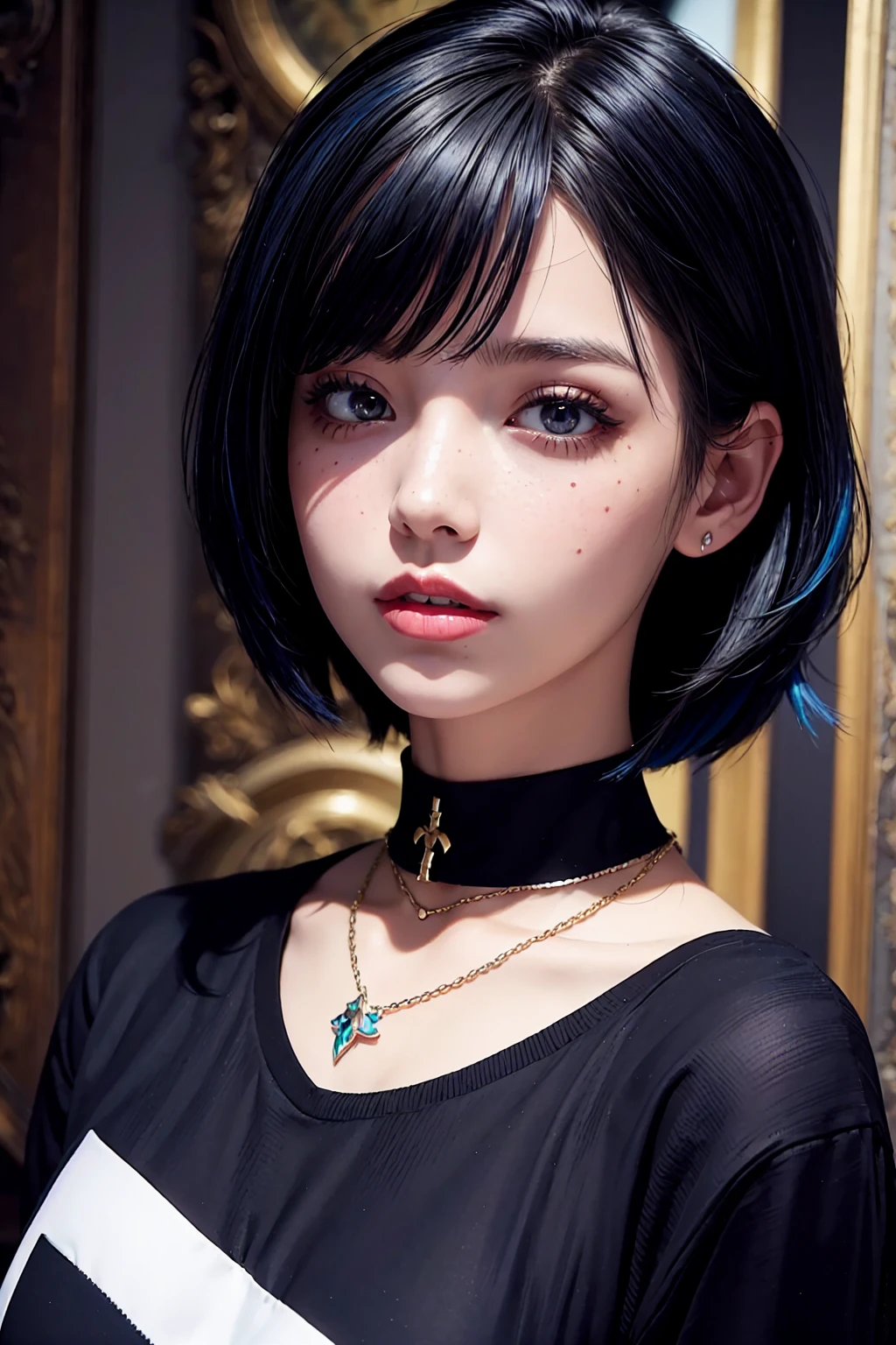 masterpiece, Highest quality,3dレンダリング作品 ,3dMMスタイル,close,Portraiture, 3d,One girl, alone, Multicolored Hair, Blue Hair, Black Hair, necklace, freckles, jewelry, Two-tone hair, Look to the side, Realistic, Upper Body, Simple Background, bangs, avert your eyes, short hair, parted lips, Iris, lips, Gothic, choker, compensate, Mole, black shirt, shirt, watermark