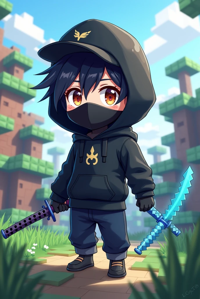 Make A Cute anime boy character wearing (black hoodie) with animated Minecraft background black cap blue katana black glove black maks