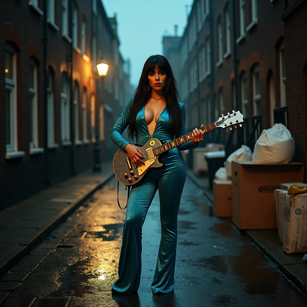 The year is 1973 in London. A beautiful and glamorous 3 white woman who is a glam rock musician is standing in a corner of a street lined with old brick apartments in a back alley of London at midnight, in the rain, holding a vintage silver lamé color Les Paul. She is wearing a turquoise blue geometric patterned velvet tight zip-up jumpsuit, unzipped up to her belly button, showing off her naked body, and Plain enamel turquoise blue hi-heel London long boots. The photo was taken in a long shot, giving a view of the entire rain-soaked cobblestone back alley. It was an artistic photo lit by a single gas lamp, like the cover of David Bowie's Ziggy Stardust.Full body image from head to toe wide shot,she has a dark brunette One-length Perfectly straight very long hair,Very large, pendulous breasts、Perfect nude proportions of a glamorous mature woman、super realistic mature's body and skin,very huge sagging Breasts,super big cleavage,very glamorous sexy plump figure,Mysterious and sexy photos taken by a professional photographer with long shots, stunning angles and lighting.、Long False Eyelashes、Female glam rocker&#39;s 1970s flashy makeup、Super Beauty、A flashy silver Les Paul guitar lavishly decorated with glitter and Swarovski crystals.、Pitch black sky、A pile of cardboard boxes and garbage bags discarded on the side of the road、Old wooden glass door red telephone booth in the distance、very dark sky,super long shot photo,rainy london back street long view at 1973's midnight,super long view wide shot angle