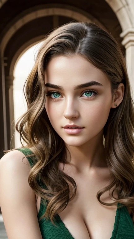 20 year old girl, perfect face, sexy face looking at camera, perfect mouth, stopped up nose, green eyes, arched eyebrows, Hair with waves, film agency, hyper detailed, realistic image, 8k