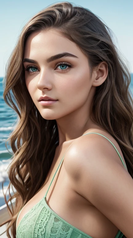 20 year old girl, perfect face, sexy face looking at camera, perfect mouth, stopped up nose, green eyes, arched eyebrows, Hair with waves, film agency, hyper detailed, realistic image, 8k