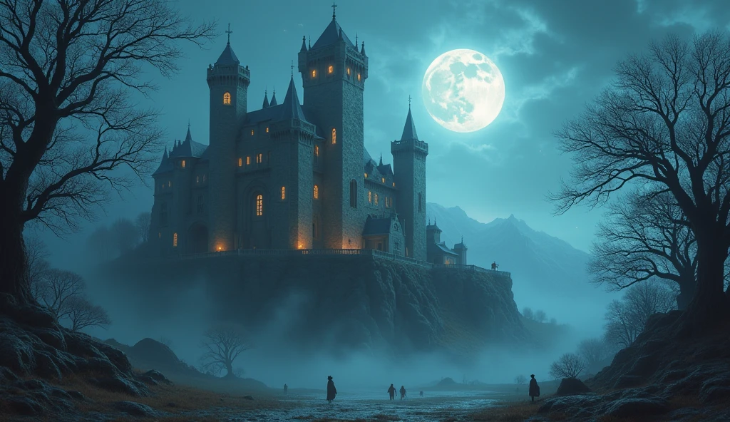 Mysterious Castle、Misty landscape、Majestic Tower、Intricate stone carvings、Ethereal glow、Bright colors、Enchanting atmosphere、Breeze、Hidden Secrets、Twinkling moonlight、Whimsical Creatures。(highest quality、High resolution、Super detailed)、ancient architecture、Western architecture, Magical atmosphere、Dreamy atmosphere、Fantasy setting、Surreal elements、fairy tale atmosphere、Surrealistic lighting、Painterly style。Ancient castle