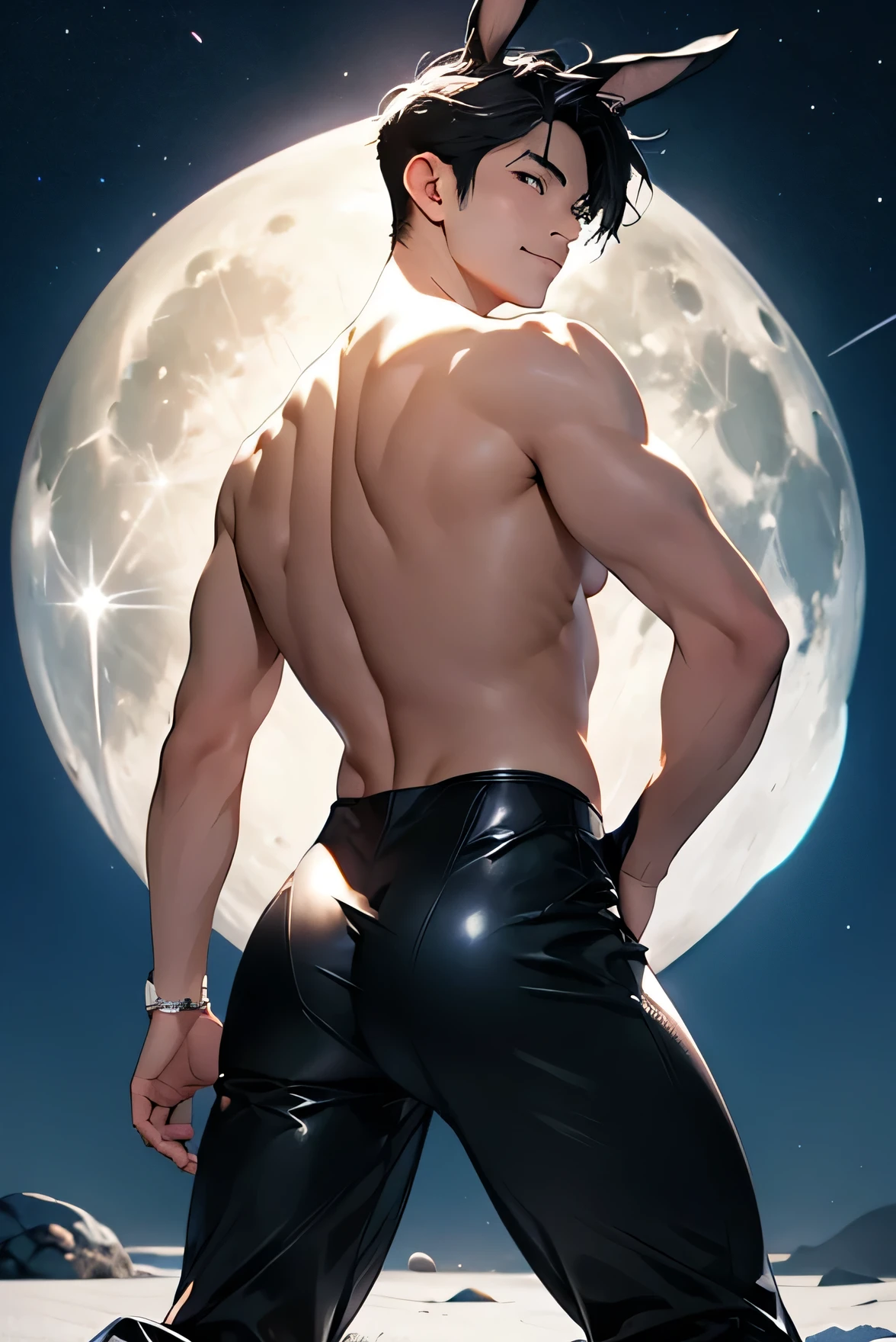 Un chico en el parque, .ye pelo rubio, ojos azules, piel blanca, rasgos finos, rasgos europeos, with the moon behind defined muscular body semi naked very toned